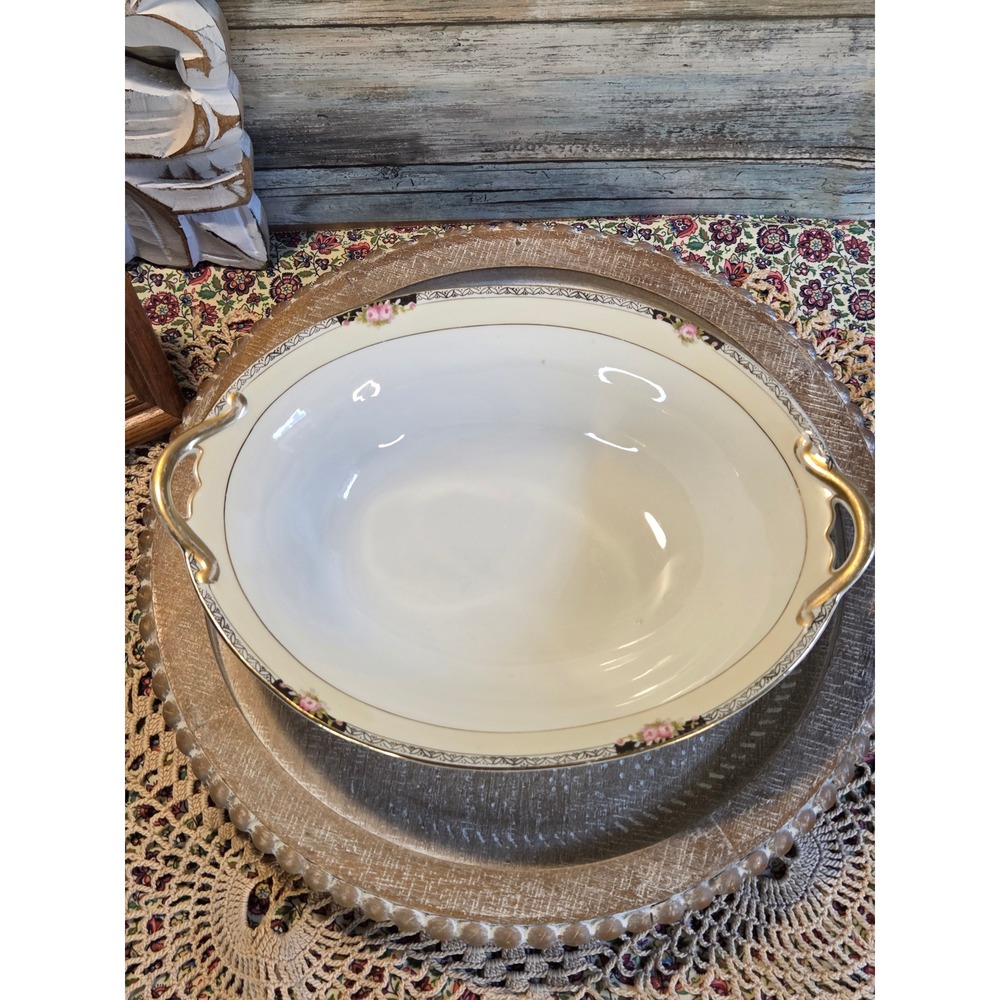 Antique Made in Japan Porcelain Oval Serving Bowl Pink Rose Gold Handles Floral - Picture 1 of 8